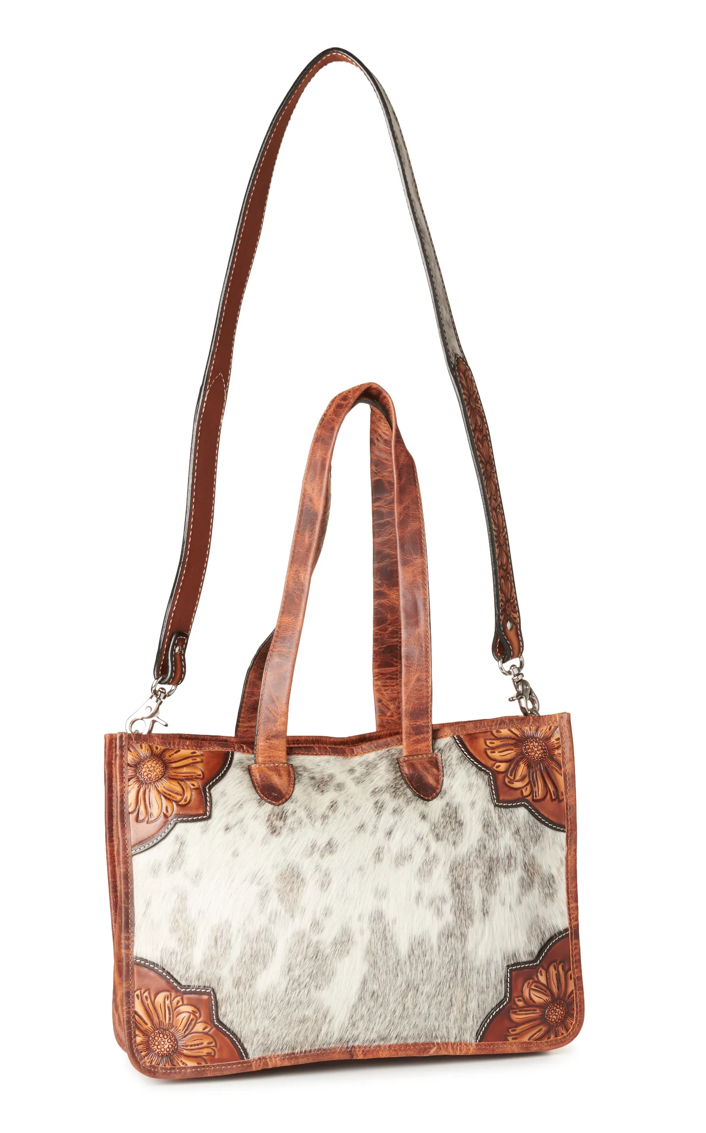 Angel Ranch Caramel Leather Tooled Sunflowers Cream & Black Hair on Hide Crossbody Concealed Carry Tote