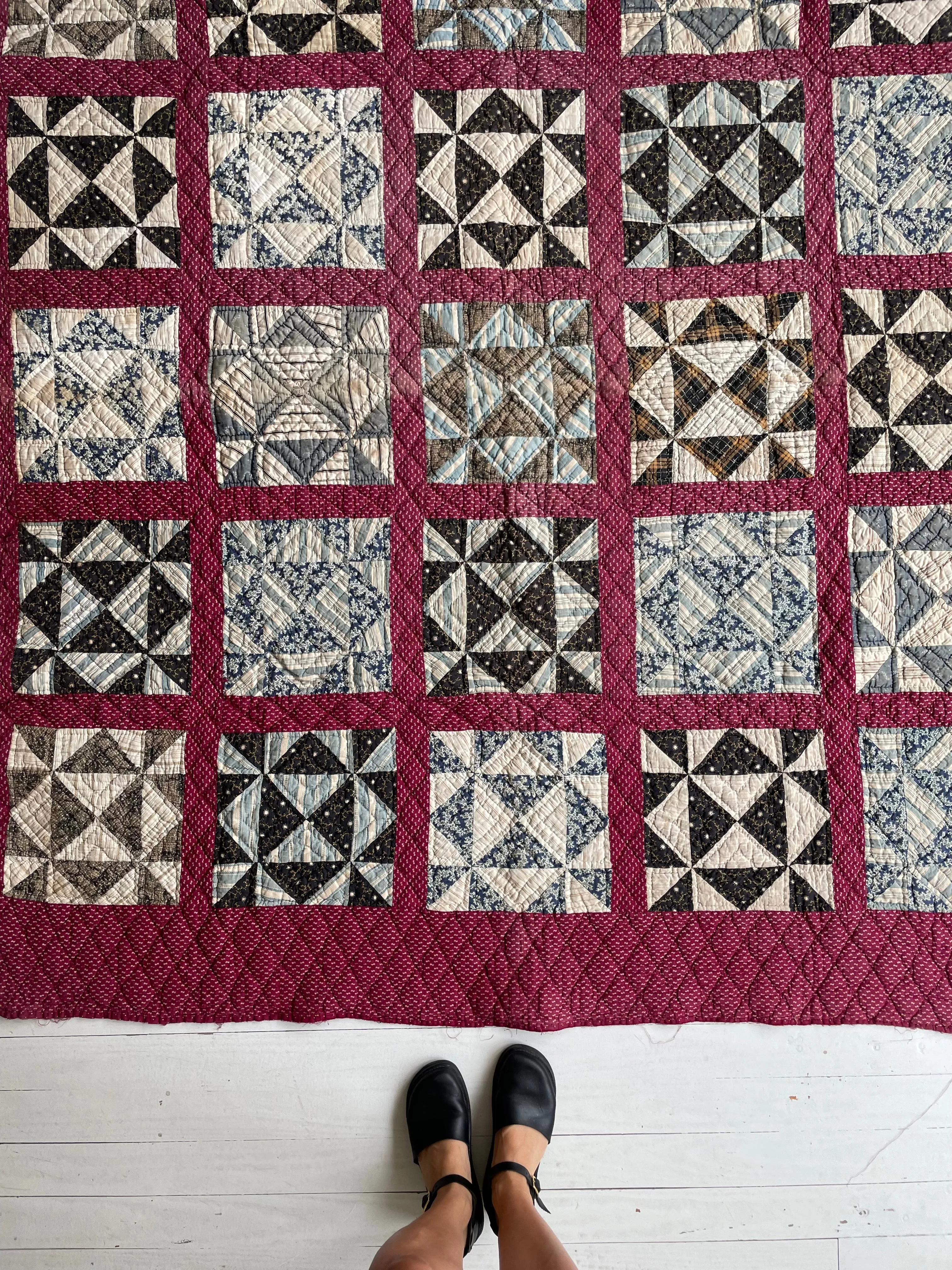 Antique 1880s Calico Blocks & Bars Quilt