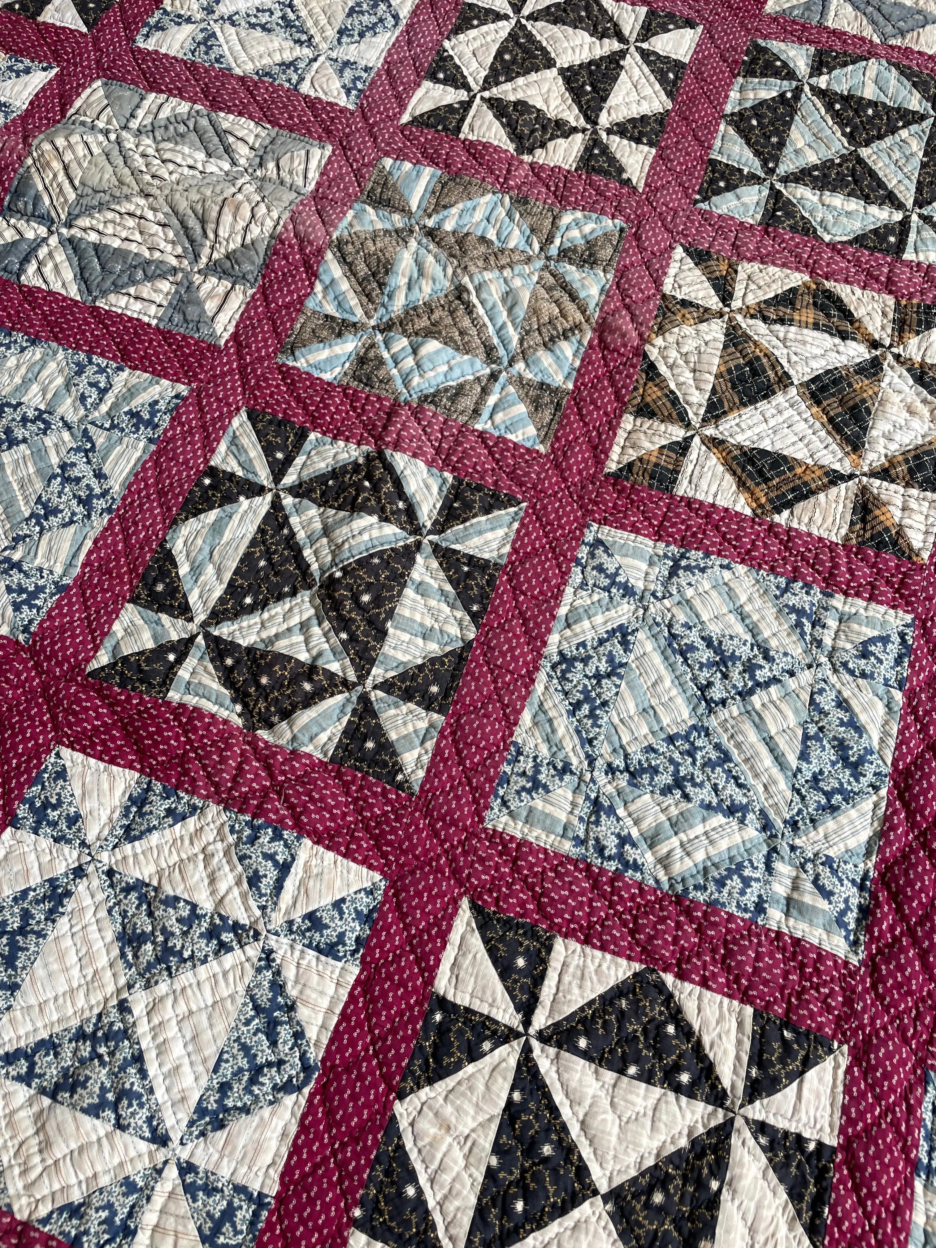 Antique 1880s Calico Blocks & Bars Quilt