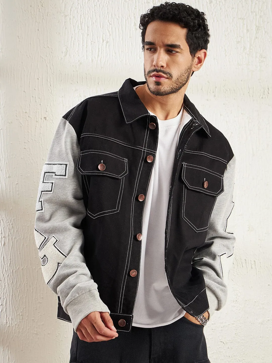 Black Letterman Contrast Stitch Jacket