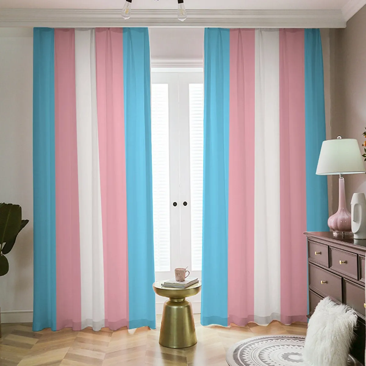 Blue Pink White Pride Hook and Ring Light-Shielding Curtains