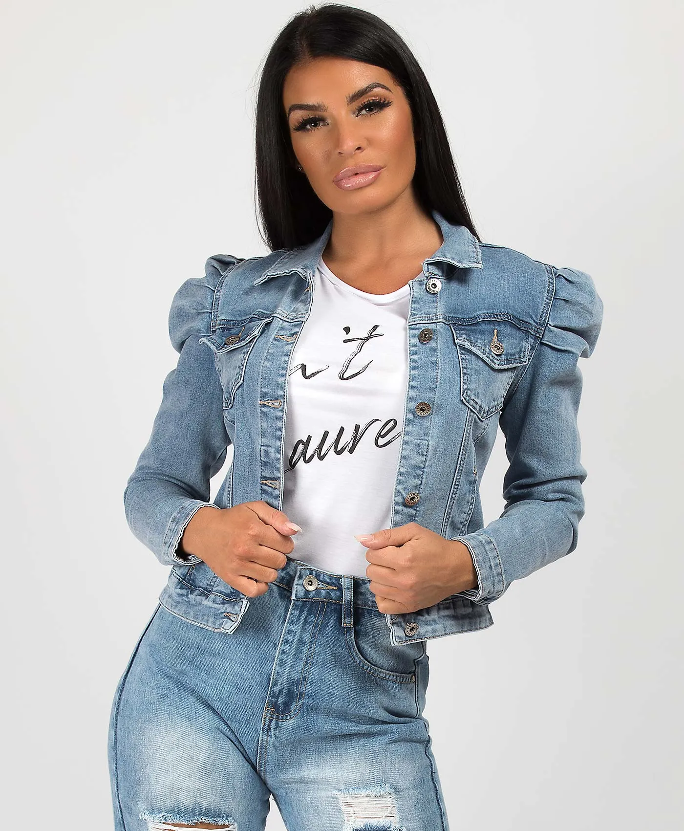 Blue Puff Sleeve Cropped Denim Jacket