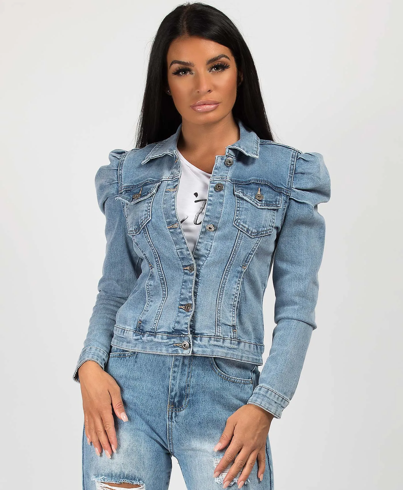 Blue Puff Sleeve Cropped Denim Jacket