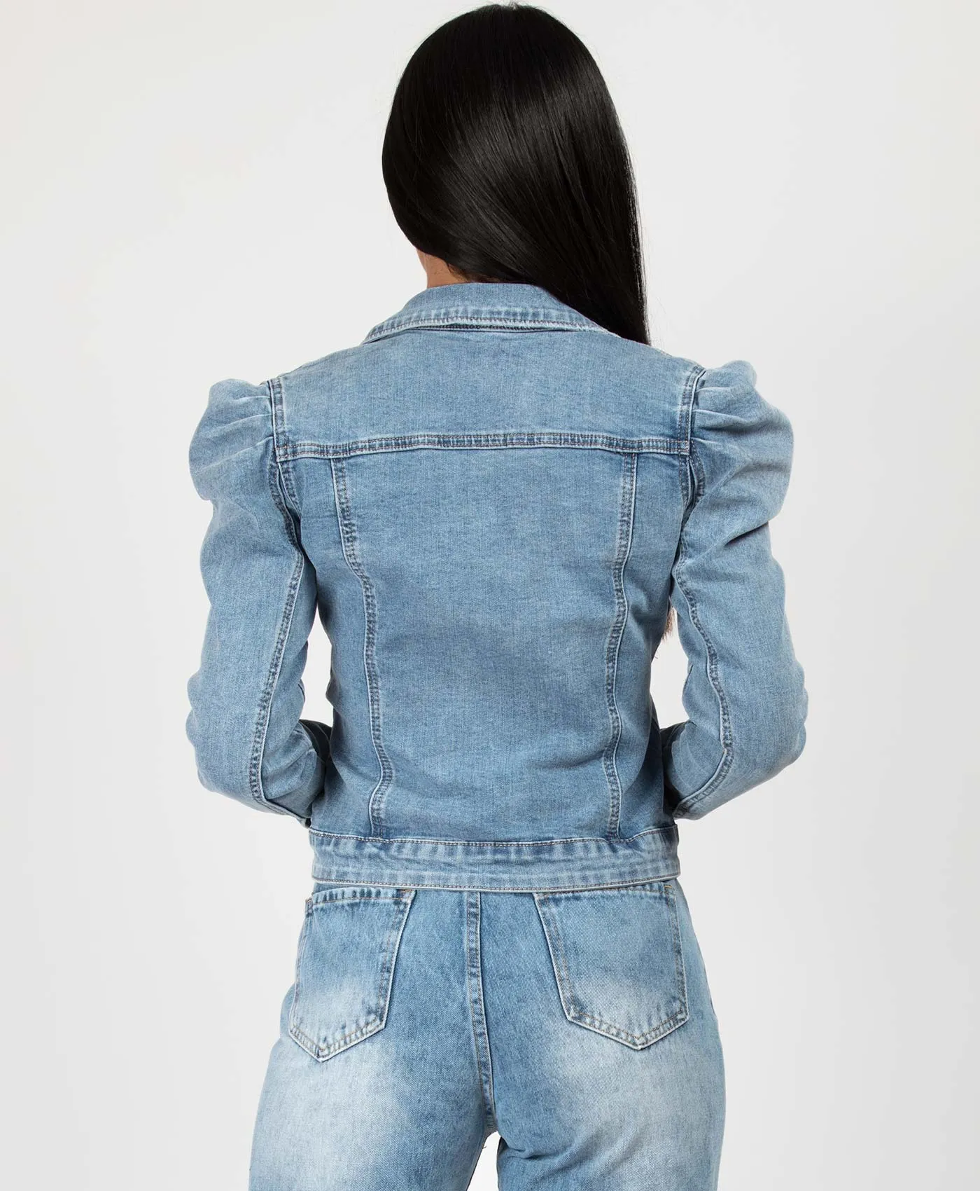 Blue Puff Sleeve Cropped Denim Jacket