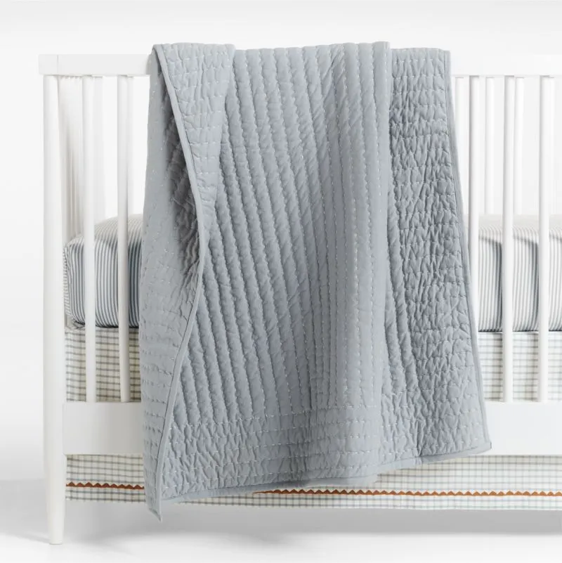 Crate&Barrel Baby's First Blue Organic Cotton Heathered Jersey Baby Crib Quilt