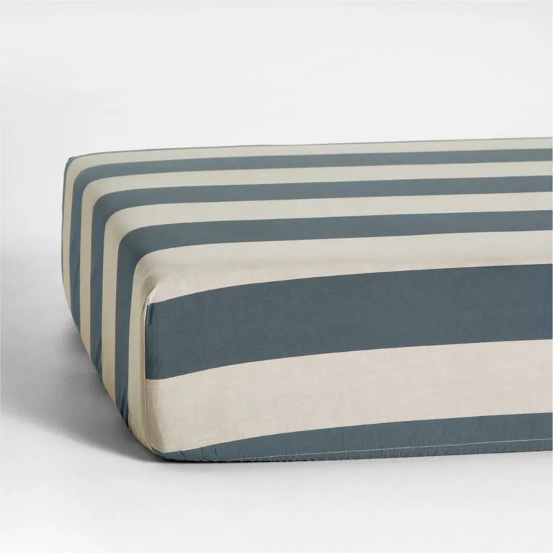 Crate&Barrel Riviera Slate Blue Stripe Organic Cotton Baby Crib Fitted Sheet