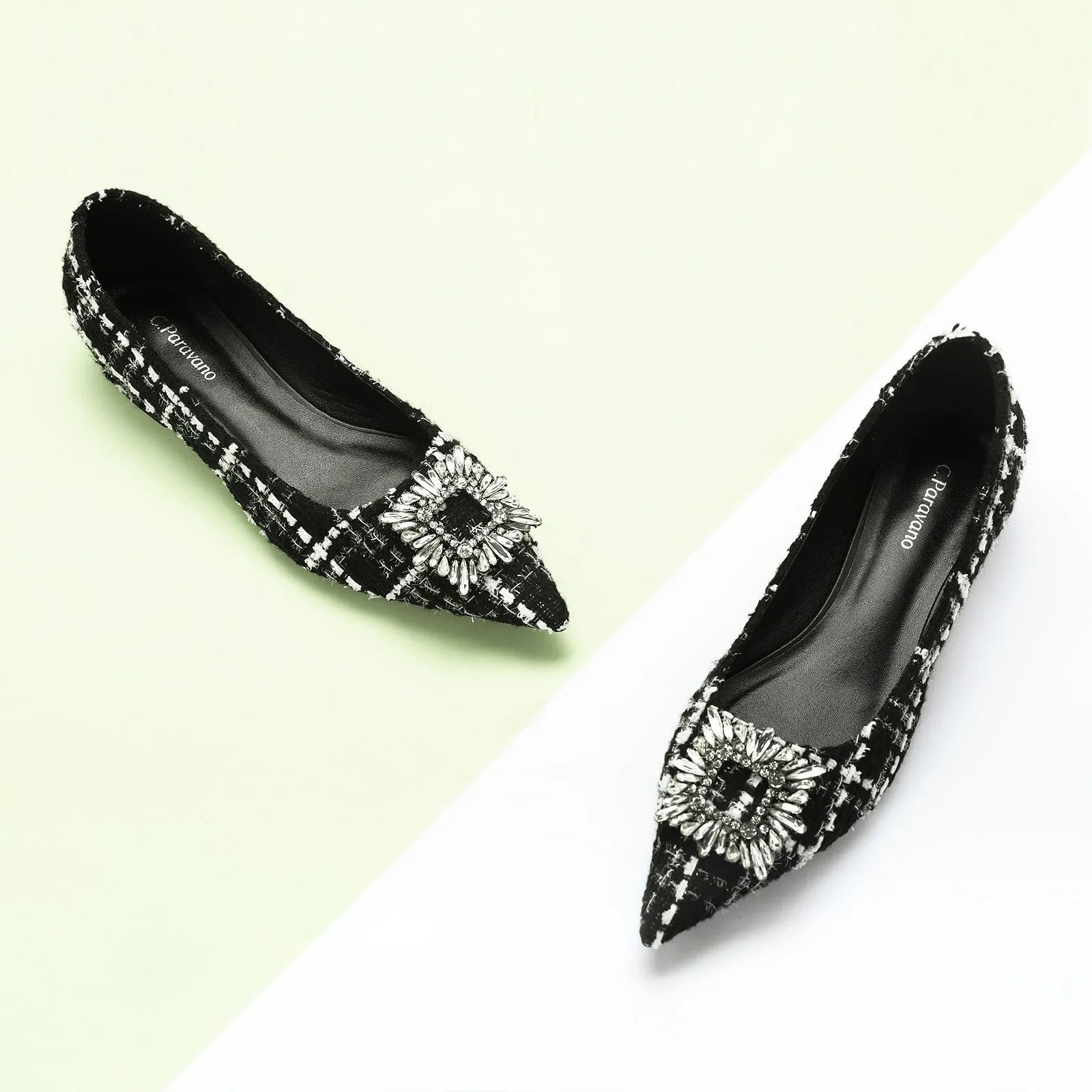 Crystal Buckle Tweed Flats (Aida) Black & White