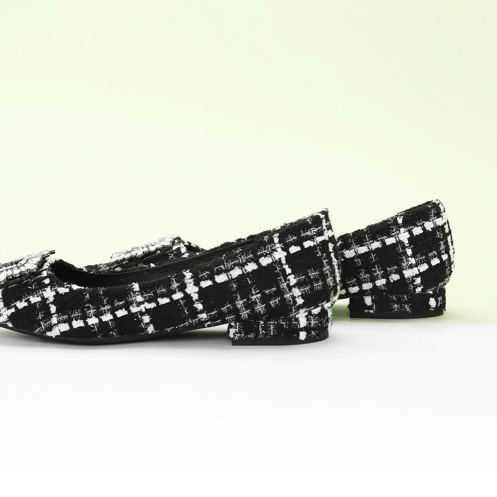 Crystal Buckle Tweed Flats (Aida) Black & White