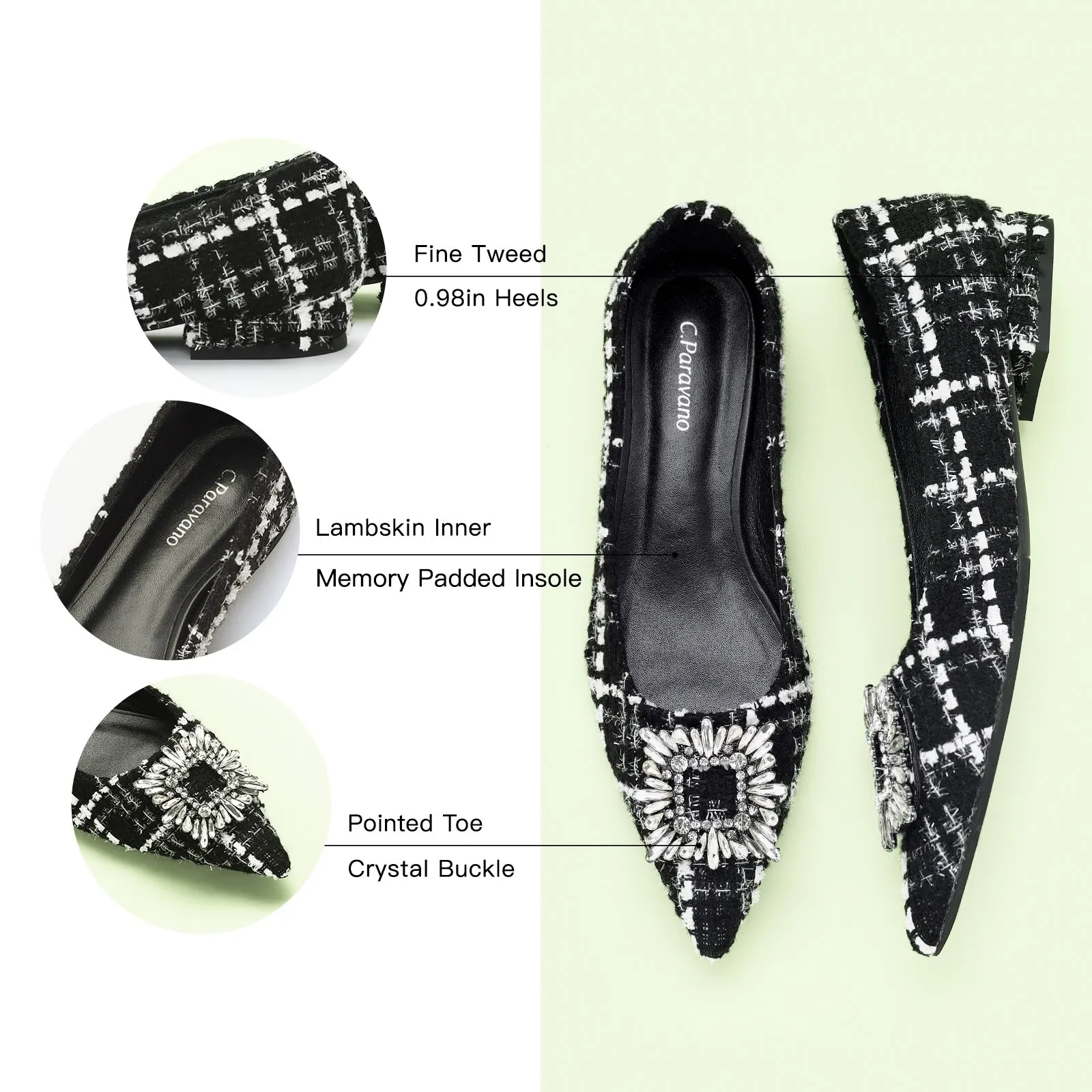 Crystal Buckle Tweed Flats (Aida) Black & White