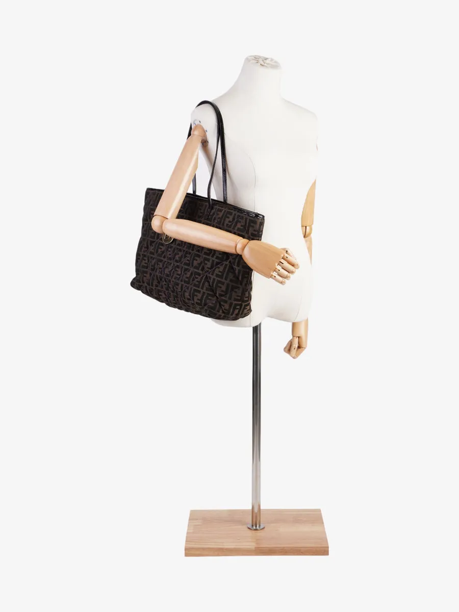 Fendi Quilted Roll Tote Brown FF / Purple Stitching / Black Cotton