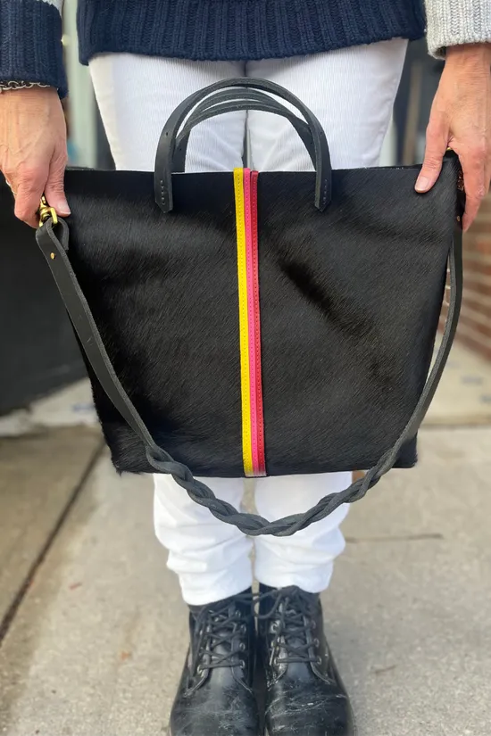 Lover Fighter, Cow Hair Leather Tote- Black with Rainbow Stripes  