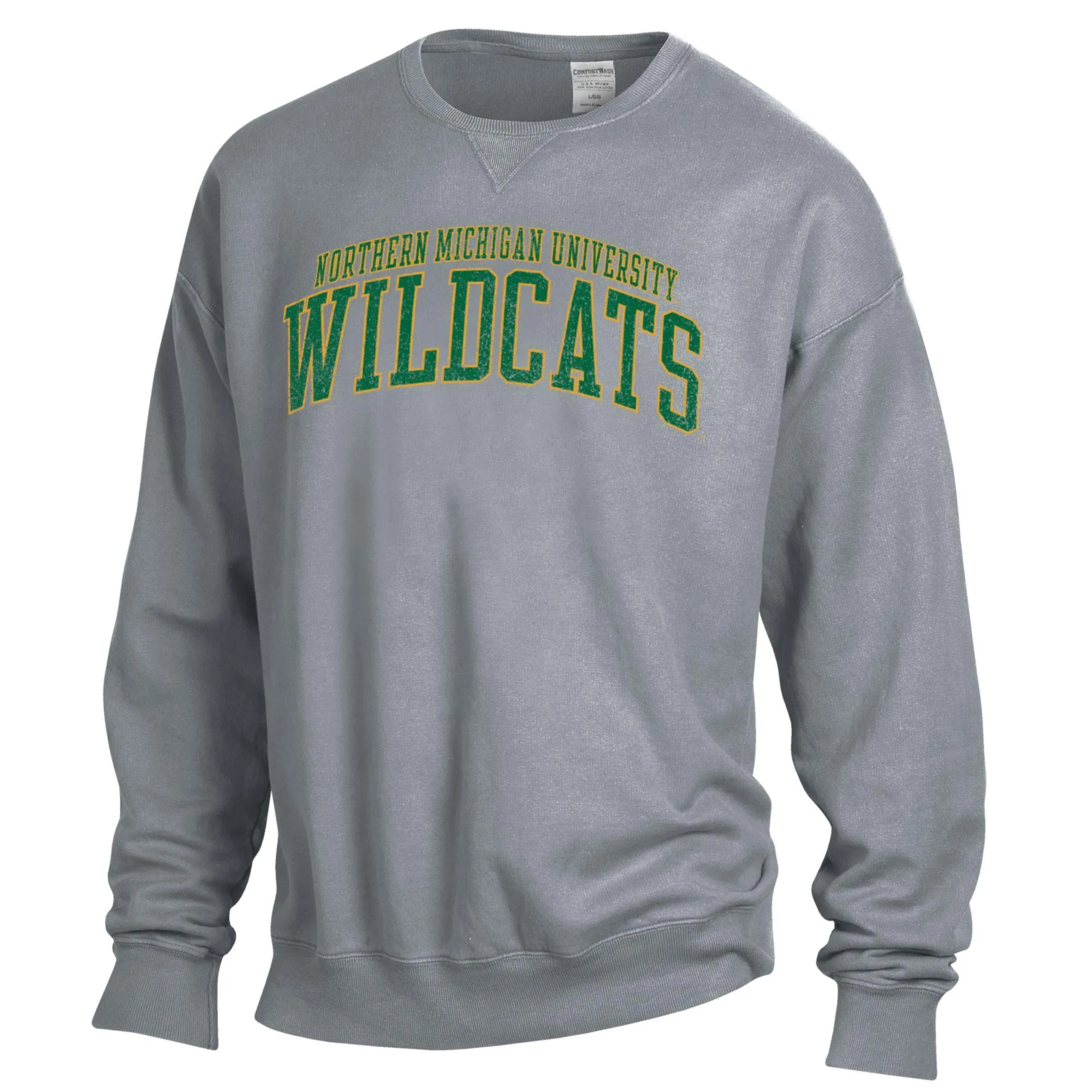 Men's ComfortWash Gray Northern Michigan Wildcats Garment Dyed Fleece Crewneck Pullover Sweatshirt