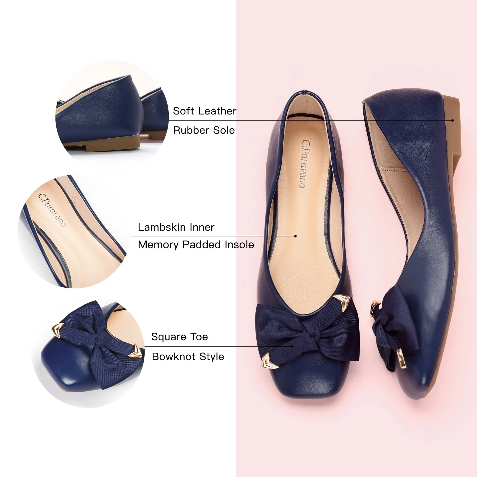 Metal Bow Ballerina Flats (Eva) Navy