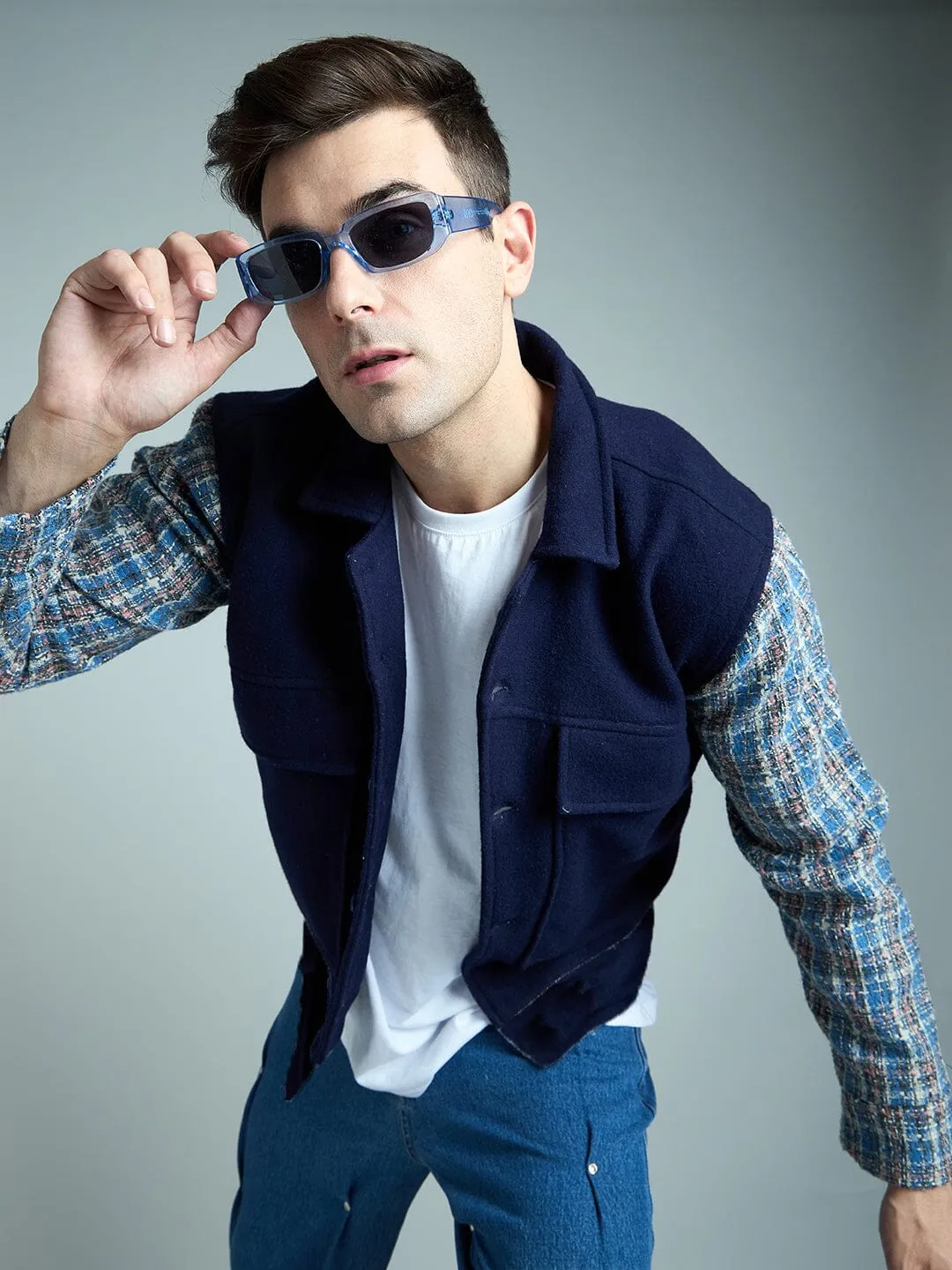 Navy Checkered Aviator Jacket