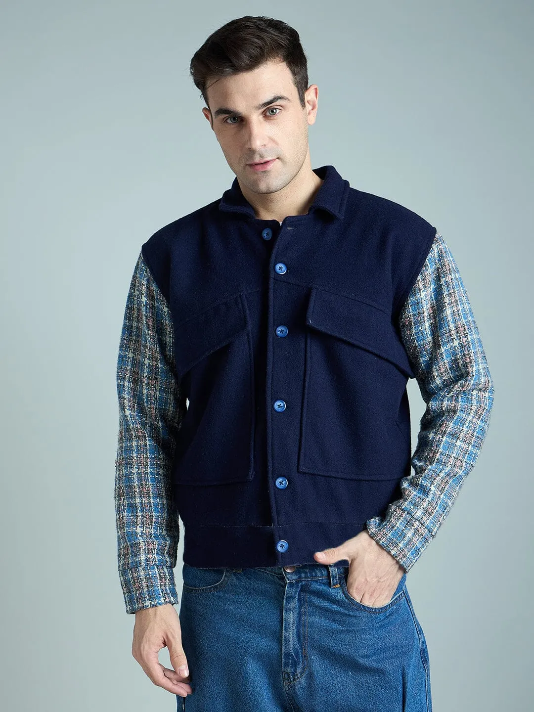 Navy Checkered Aviator Jacket