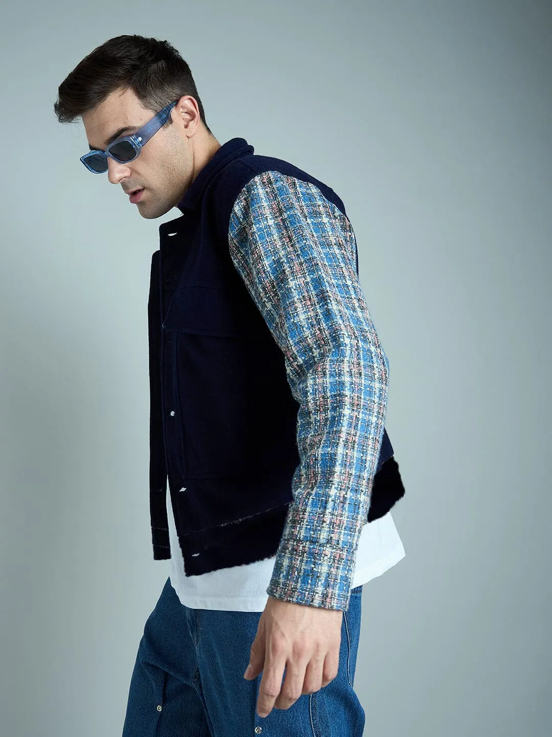 Navy Checkered Aviator Jacket