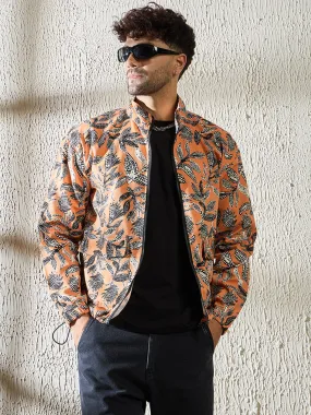 Orange Floral Print Zipped Jacket