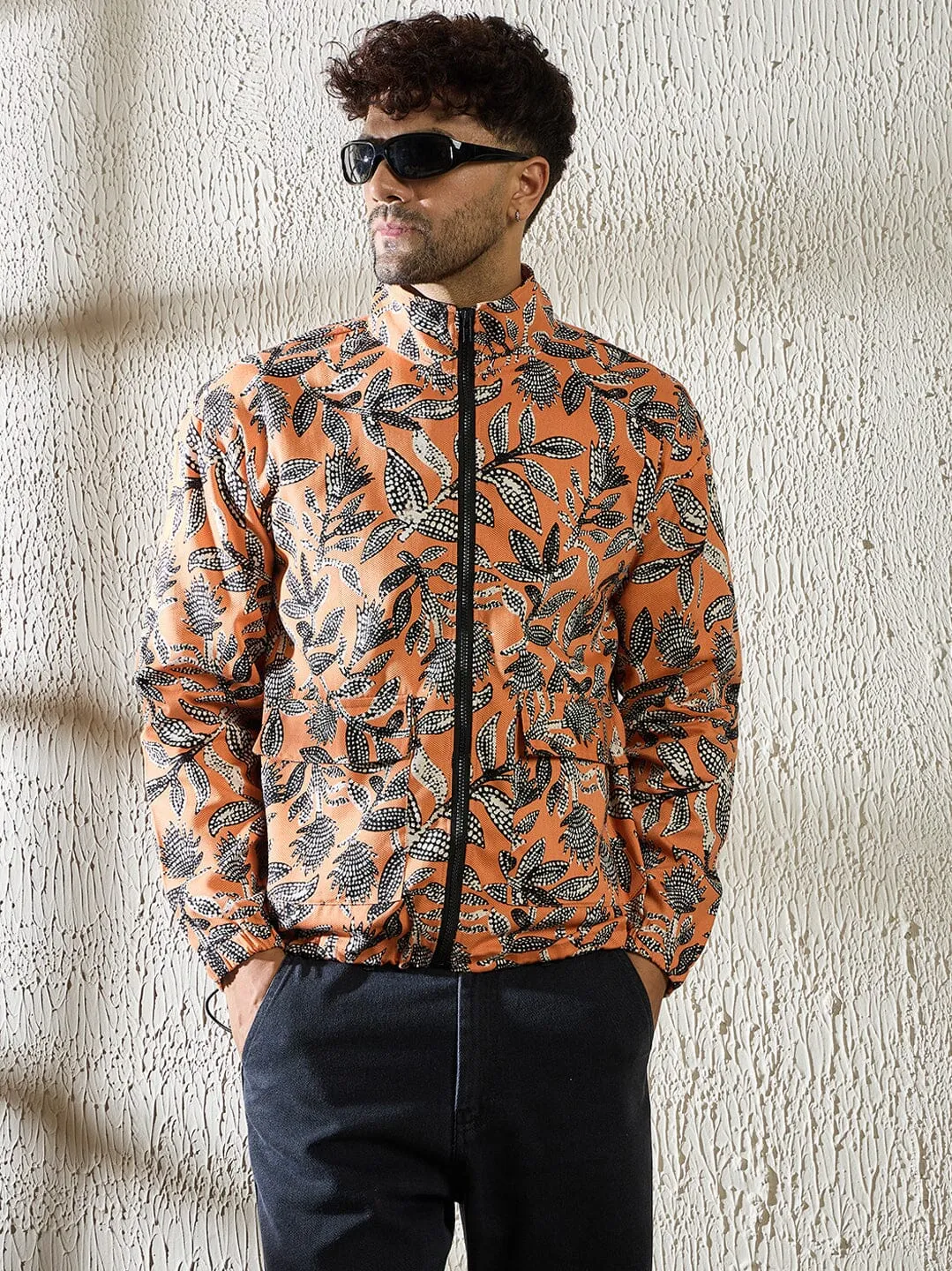 Orange Floral Print Zipped Jacket