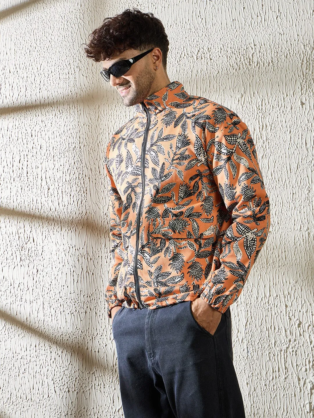 Orange Floral Print Zipped Jacket