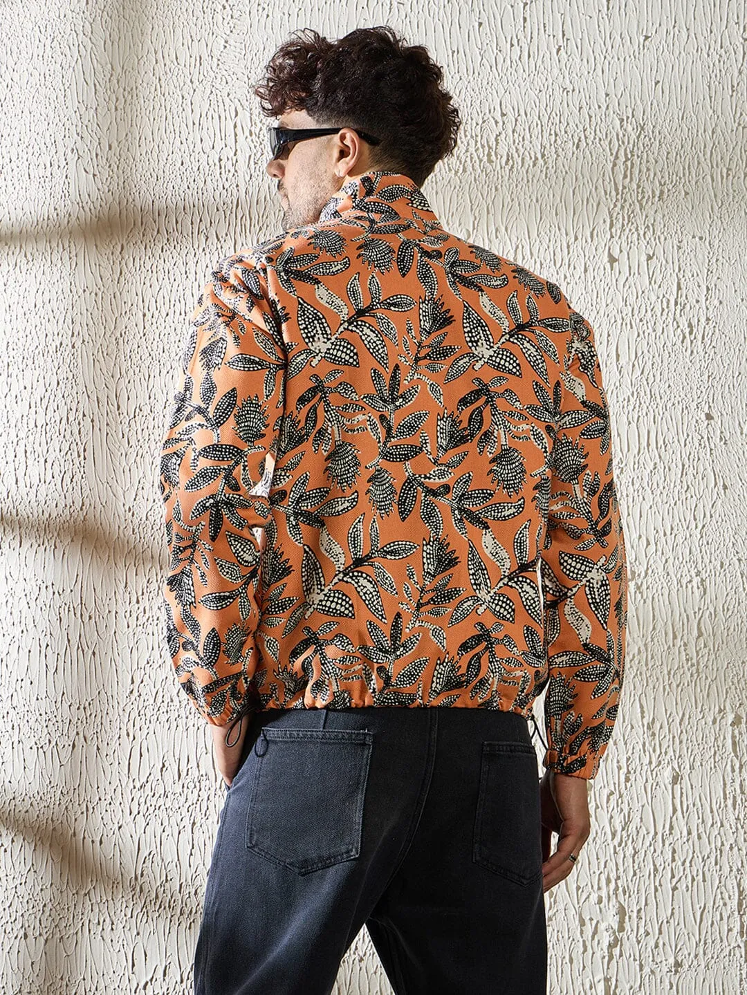 Orange Floral Print Zipped Jacket