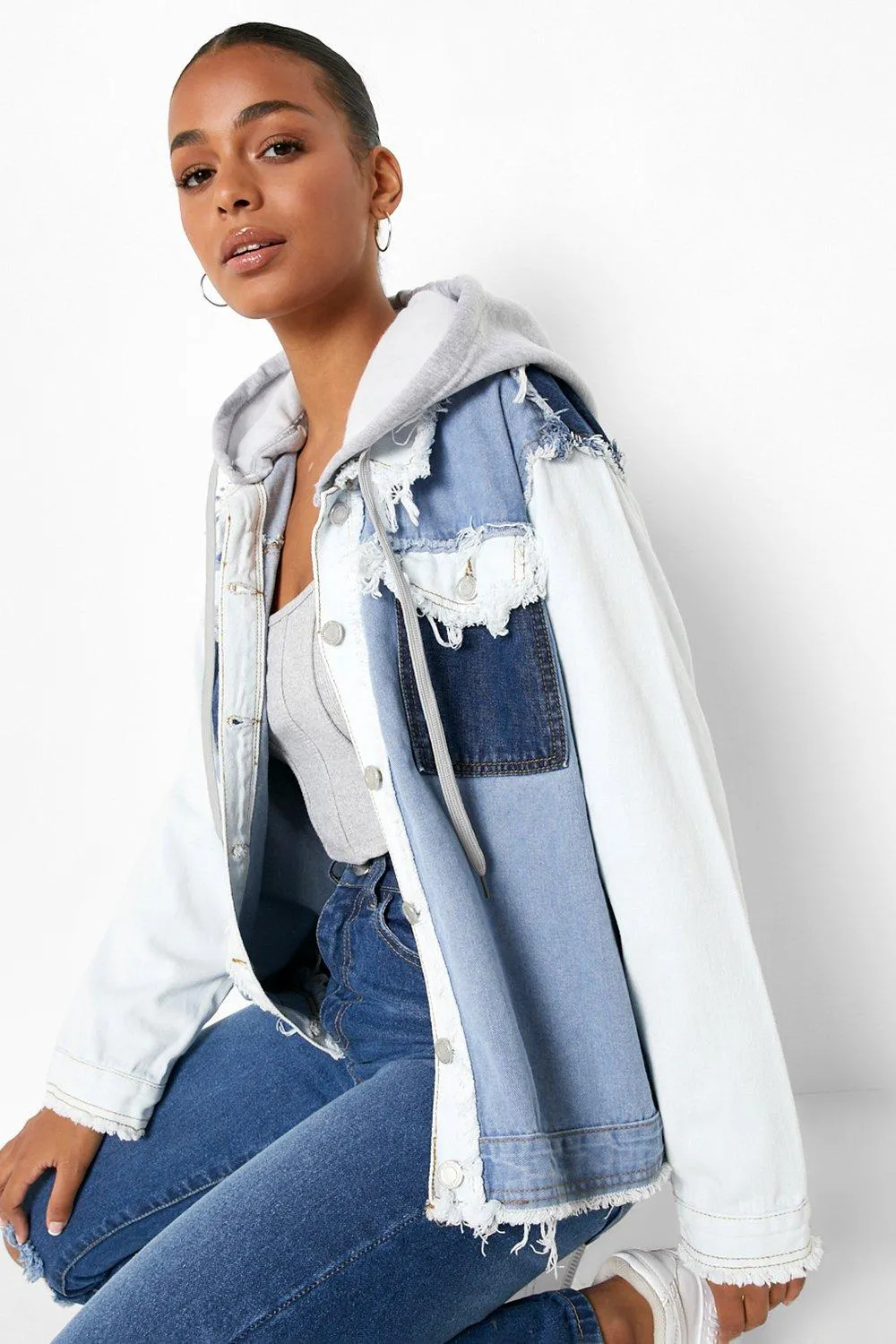 Patchwork Hooded Oversized Denim Jacket