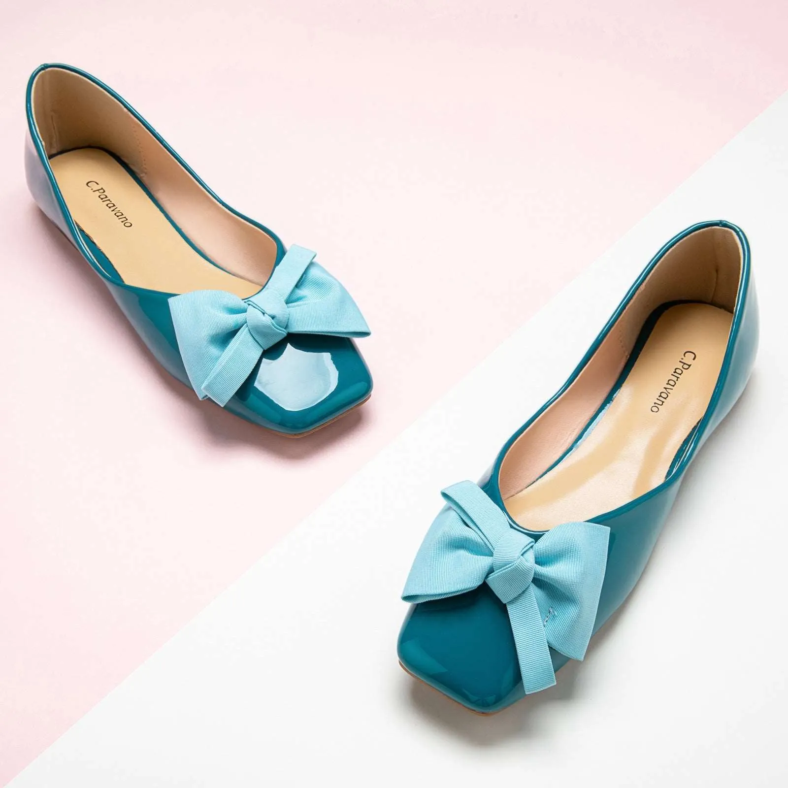 Patent Bow Ballerina Flats (Eva) Peacock Blue