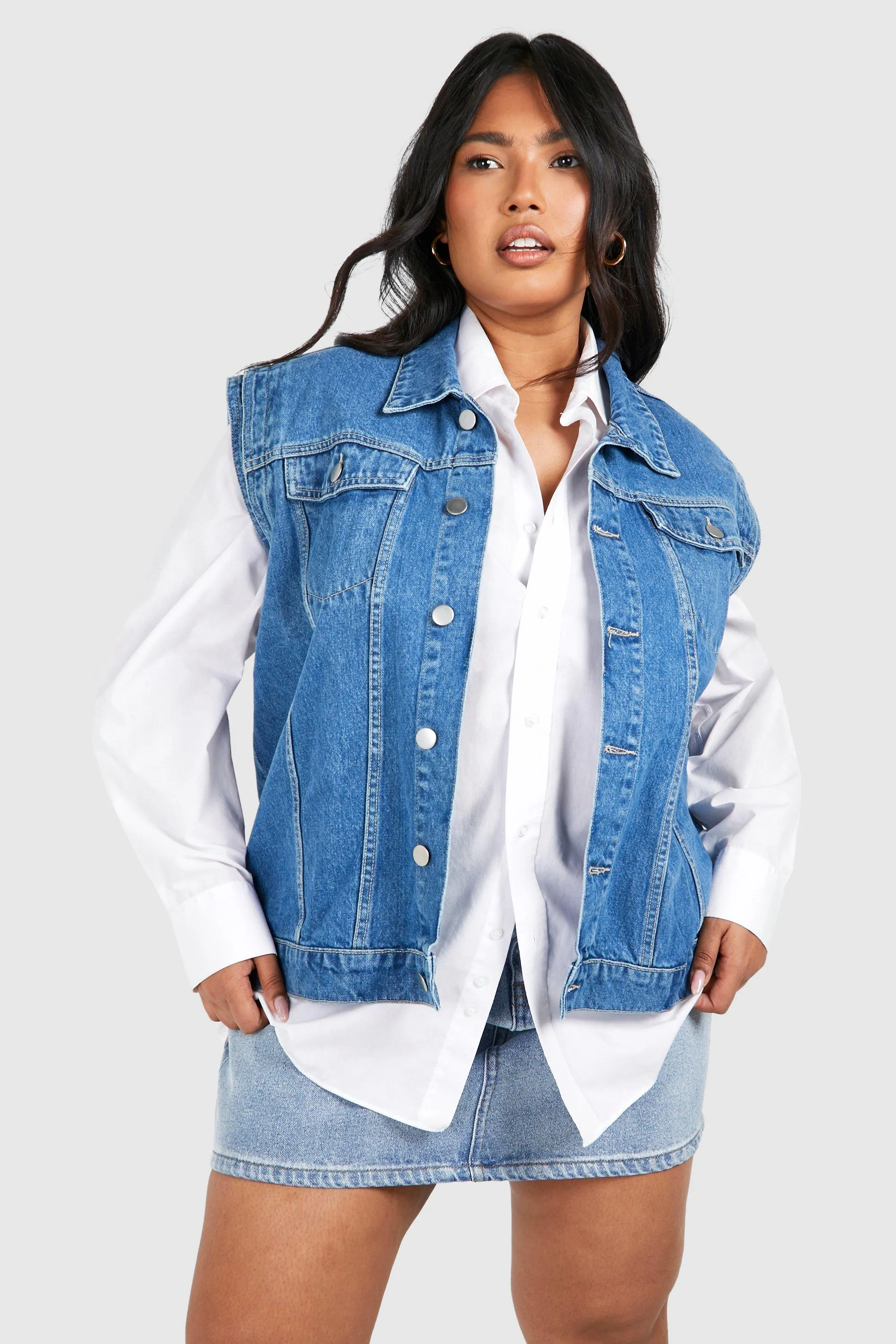 Plus Denim Oversized Sleeveless Jacket