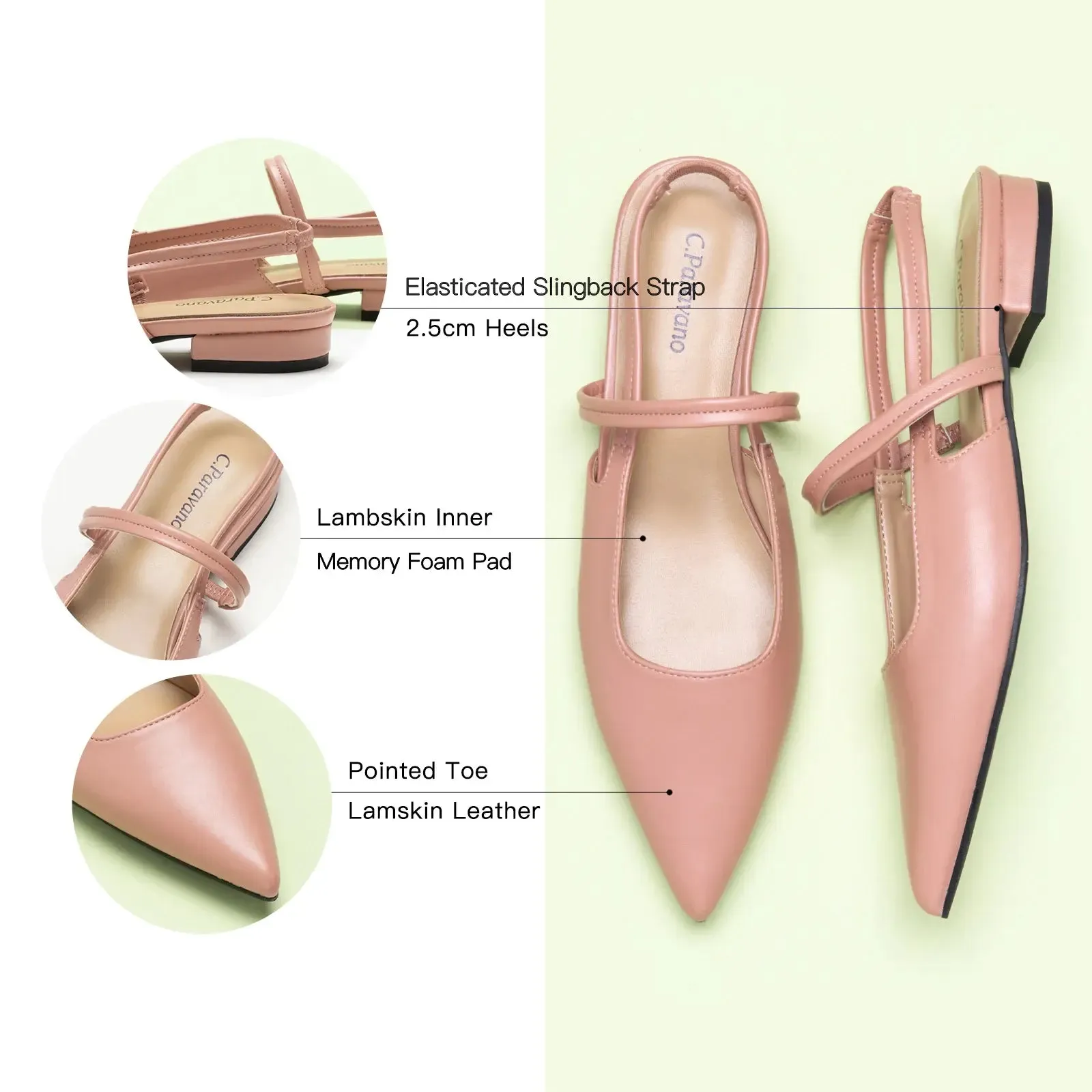 Pointed Toe Slingback Flats (Freya) Pink