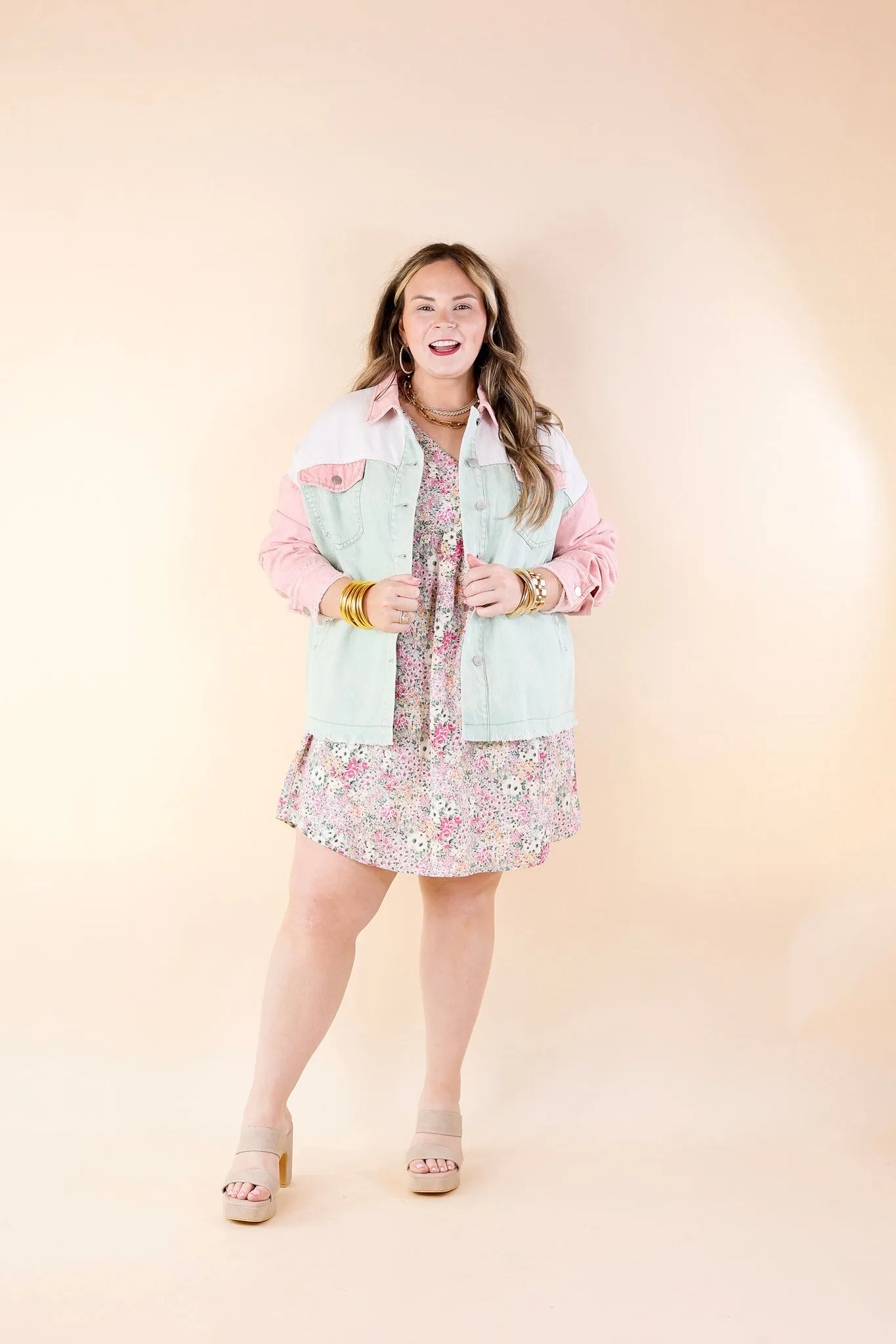 Style Mentor Color Block Button Up Jacket in Sage and Pink