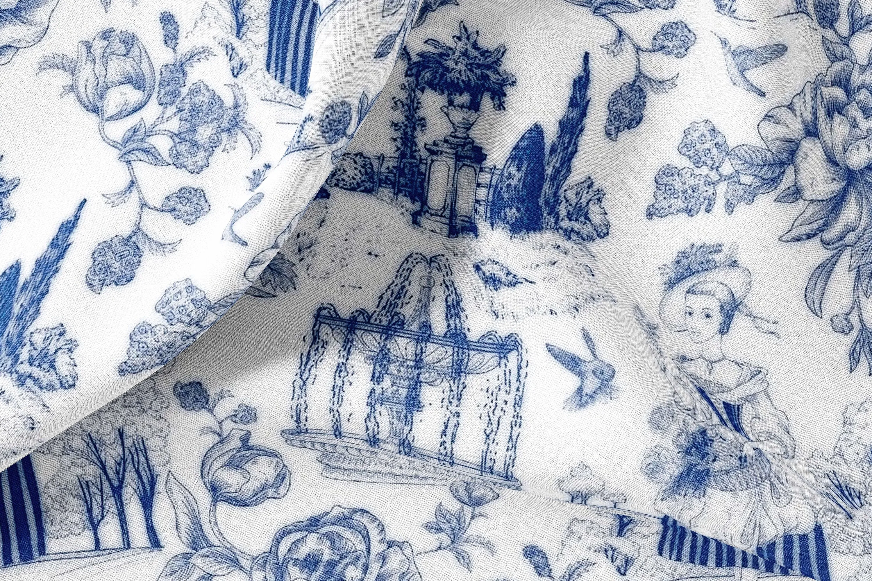 Vintage Linen By The Yard French Toile de Jouy  Print Linen Fabric For Bedding, Curtains, Dresses, Clothing, Table Cloth & Pillo