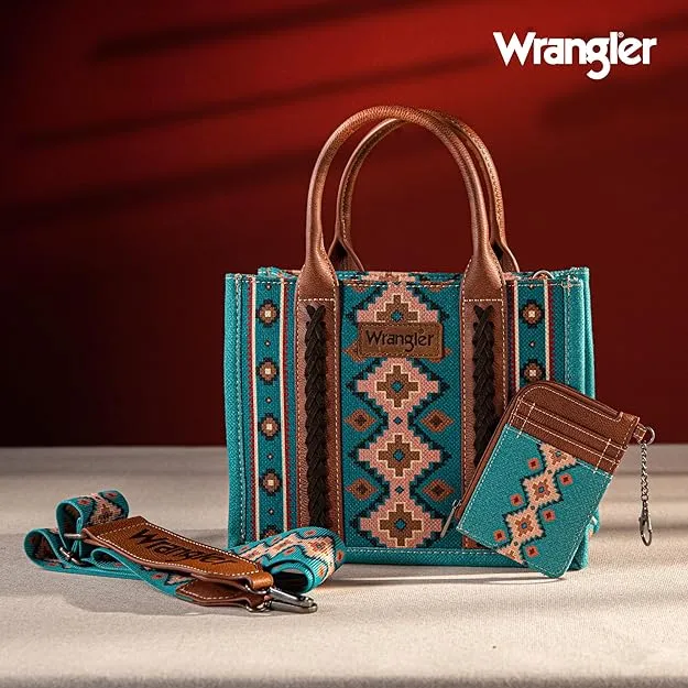 WG2203-8120SW  Wrangler Aztec Small Tote/Crossbody and Card Case Set 2Pc- Turquoise