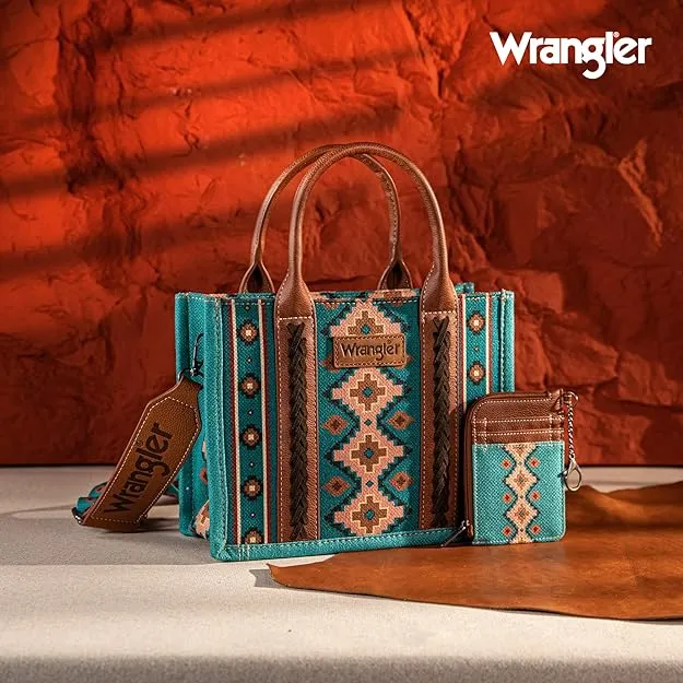 WG2203-8120SW  Wrangler Aztec Small Tote/Crossbody and Card Case Set 2Pc- Turquoise