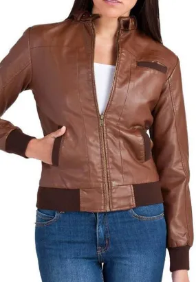 Women's Chocolate Brown Leather Bomber Jacket