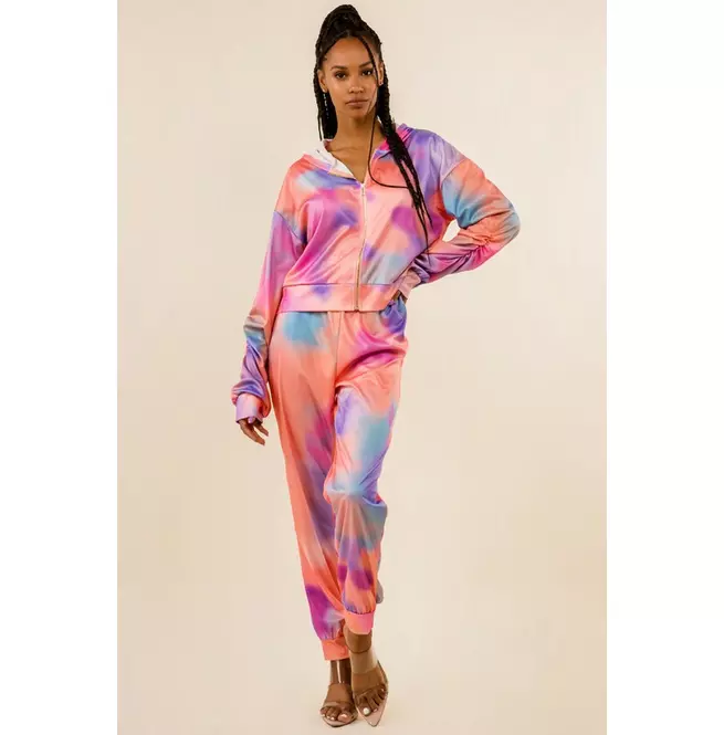 Women's Tie-dye Hoodie and Ribbed Pant Set